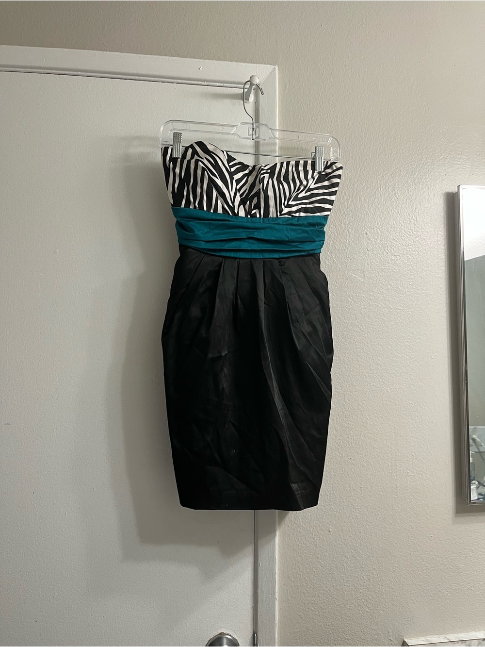 2000s Y2K Strapless Zebra Print & Teal Band Black Cocktail Dress